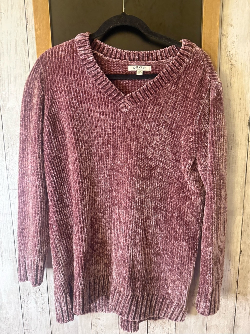 Orvis Chenille Sweater Women's Large Purple Velour Knit Ribbed V-Neck Pullover